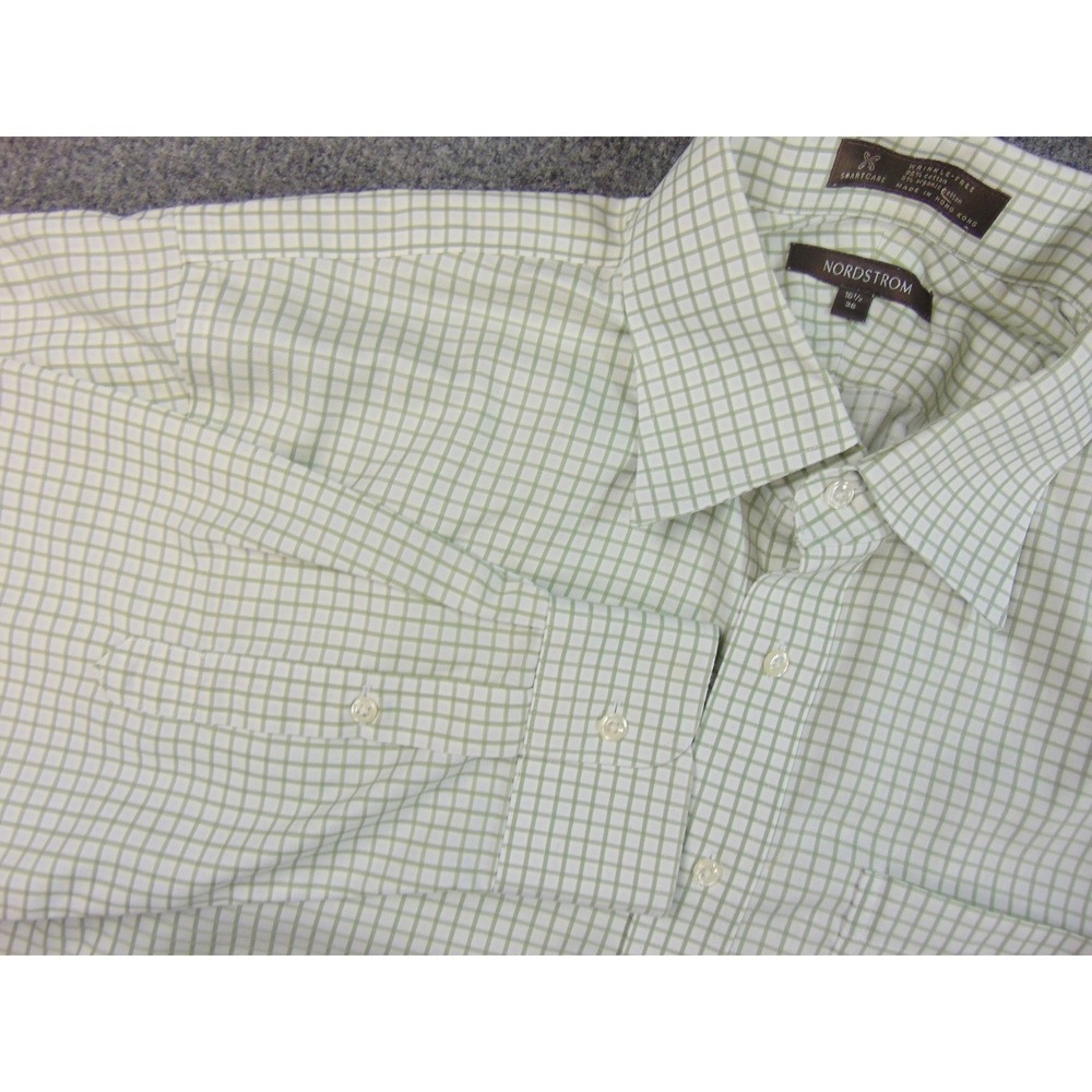 Nordstrom Shirt Mens 16.5 x 36 Smartcare Green White Check Long Sleeve Button Up